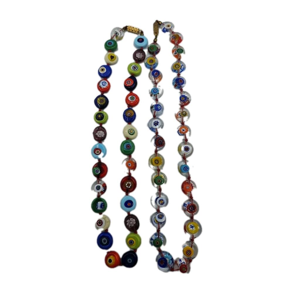 Vintage MidCentury Venetian Millefiori Murano Art Glass Necklace 16", Set Of 2